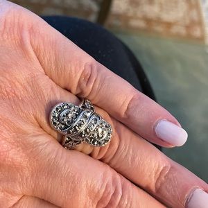 Vintage Art Deco silver plate  ring with bling-EUC